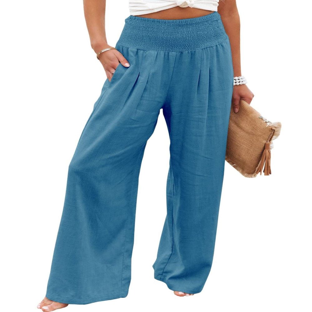 Cotton Linen Palazzo Pants for Women Summer High Waisted Wide Leg Long Casual Baggy Pant Loose Trousers with Pockets Blue