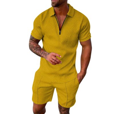 WABEOR Mens Short Sets 2 Piece Outfits Casual Dress Designer Summer Outfits Fashion Zip Up Polo Shirt Conjunto para Hombre Yellow