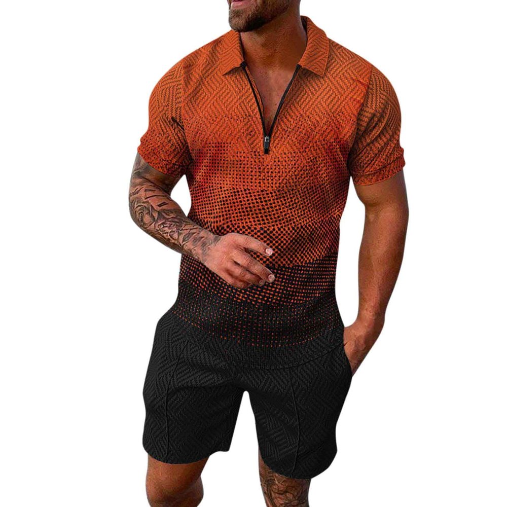 WABEOR Summer Clothes for Men Big and Tall 2 Piece Short Sets Vacation Outfits Casual Short Sleeve Polo Shirts Shorts Set Orange
