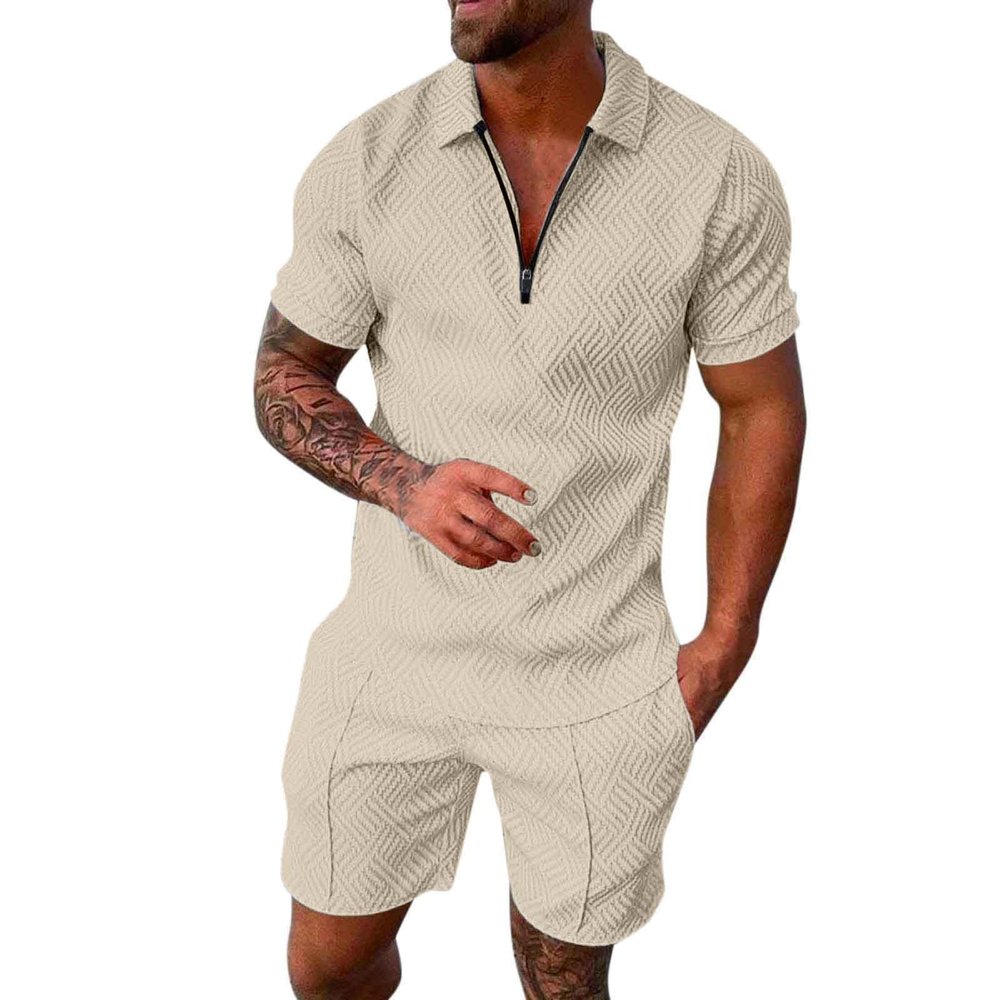 WABEOR Mens Short Sets 2 Piece Outfits Casual Dress Designer Summer Outfits Fashion Zip Up Polo Shirt Conjunto para Hombre Beige