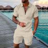 WABEOR Mens Short Sets 2 Piece Outfits Casual Dress Designer Summer Outfits Fashion Zip Up Polo Shirt Conjunto para Hombre Beige view 2