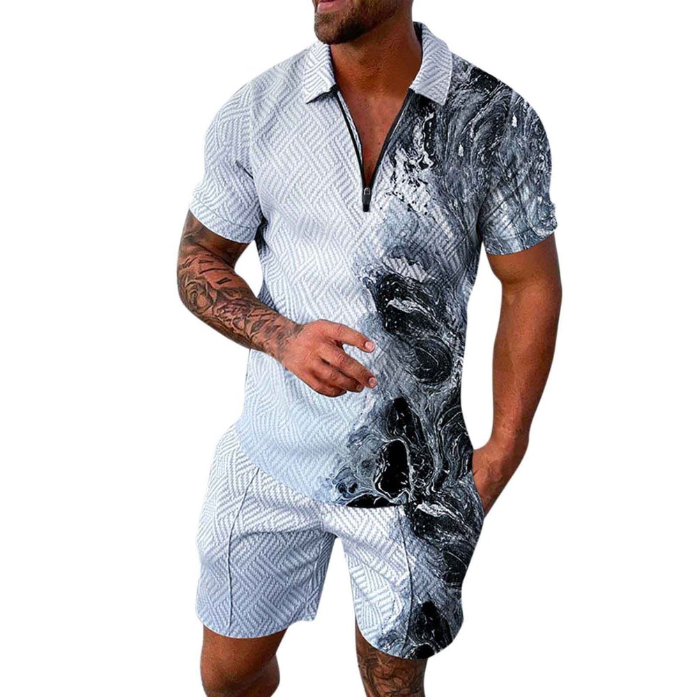 WABEOR Men's Shirt and Short Sets Graphic Fashion Casual Two Piece Outfits Short Sleeve Polo Sweatsuit Sports Summer Outfits Grey