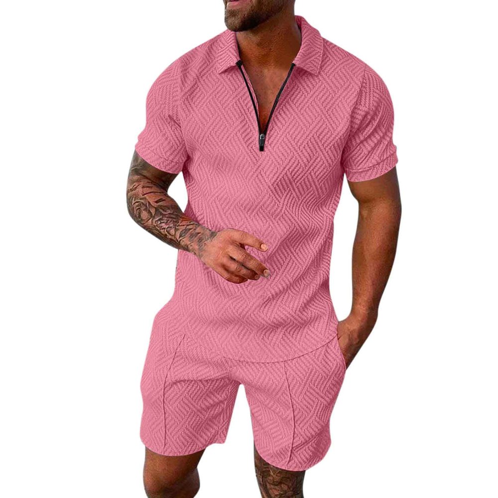 WABEOR Mens Short Sets 2 Piece Outfits Casual Dress Designer Summer Outfits Fashion Zip Up Polo Shirt Conjunto para Hombre Pink