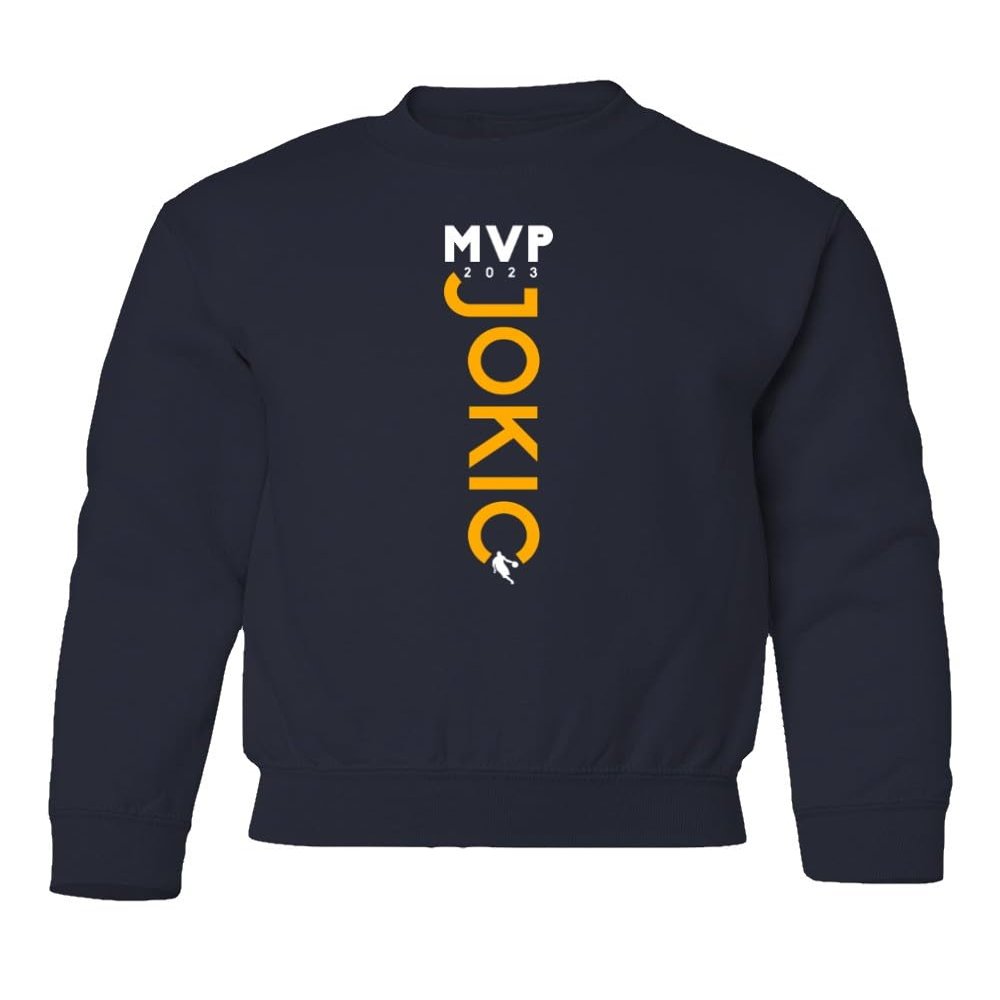 Jokic MVP 2023 Denver Basketball Champions Youth Crewneck Sweatshirt (Navy, Youth Medium)