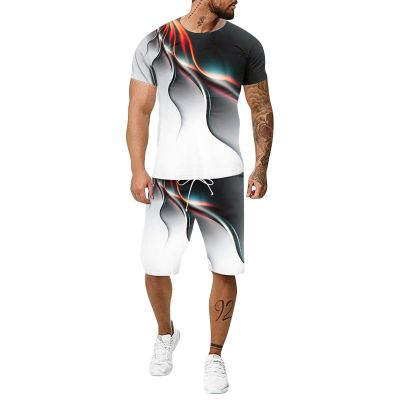 WABEOR Men Short Sets Outfits 2 Piece Casual Summer Outfits Fashion Hip Hop Tracksuit Printed Short Sleeve T Shirt and Shorts H-red