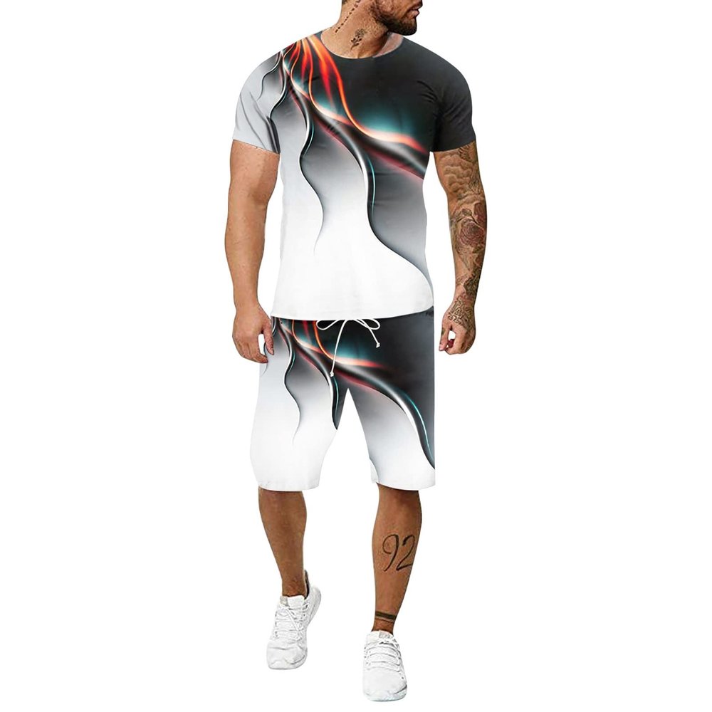WABEOR Men Short Sets Outfits 2 Piece Casual Summer Outfits Fashion Hip Hop Tracksuit Printed Short Sleeve T Shirt and Shorts H-red