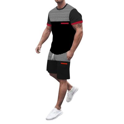 Men's Shirt and Short Sets Striped Casual Summer Outfits Round Neck Fashion Beach Vacation Outfits Two Piece Tracksuit Set J-Black