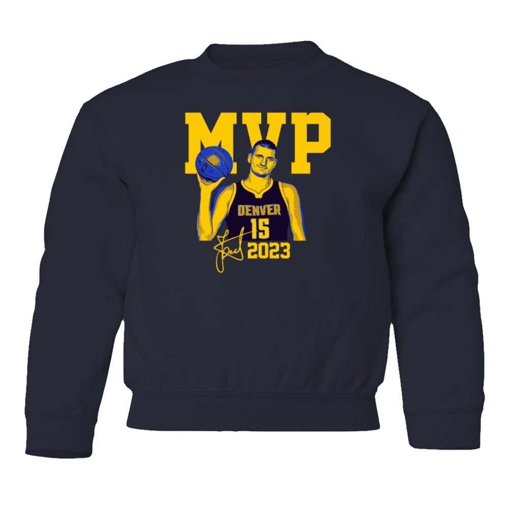 Jokic MVP 2023 Basketball Playoff Finals Champions Youth Crewneck Sweatshirt (Navy, Youth X-Large)