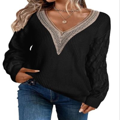 EVALESS Womens Long Sleeve Sweaters Fall 2024 Trendy Sexy Lace V Neck Knit Drop Shoulder Cute Winter Pullover Sweater Jumper Tops Black Small