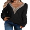 EVALESS Womens Long Sleeve Sweaters Fall 2024 Trendy Sexy Lace V Neck Knit Drop Shoulder Cute Winter Pullover Sweater Jumper Tops Black Small view 1