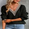 EVALESS Womens Long Sleeve Sweaters Fall 2024 Trendy Sexy Lace V Neck Knit Drop Shoulder Cute Winter Pullover Sweater Jumper Tops Black Small view 2