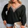 EVALESS Womens Long Sleeve Sweaters Fall 2024 Trendy Sexy Lace V Neck Knit Drop Shoulder Cute Winter Pullover Sweater Jumper Tops Black Small view 3