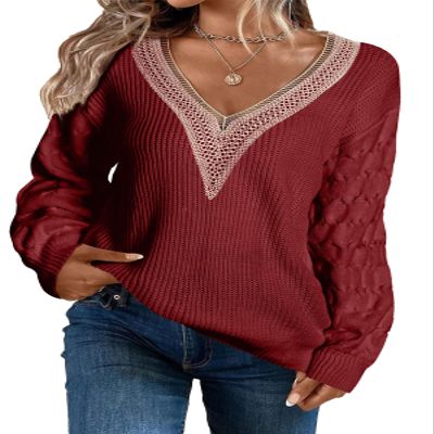 EVALESS Womens Long Sleeve Sweaters Fall 2024 Trendy Sexy Lace V Neck Knit Drop Shoulder Cute Winter Pullover Tunic Sweater Jumper Tops Red Medium