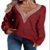 EVALESS Womens Long Sleeve Sweaters Fall 2024 Trendy Sexy Lace V Neck Knit Drop Shoulder Cute Winter Pullover Tunic Sweater Jumper Tops Red Medium view 1