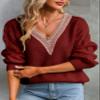 EVALESS Womens Long Sleeve Sweaters Fall 2024 Trendy Sexy Lace V Neck Knit Drop Shoulder Cute Winter Pullover Tunic Sweater Jumper Tops Red Medium view 2