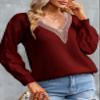 EVALESS Womens Long Sleeve Sweaters Fall 2024 Trendy Sexy Lace V Neck Knit Drop Shoulder Cute Winter Pullover Tunic Sweater Jumper Tops Red Medium view 3