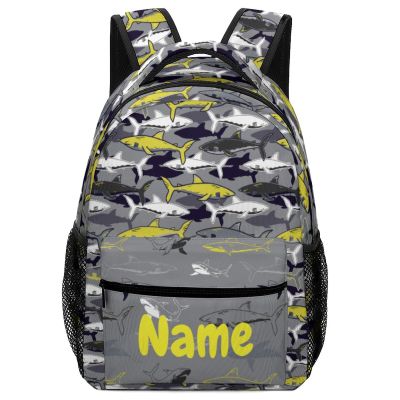 Fovanxixi Custom Grey Yellow Shark Backpack for Kids Boys Girls Personalized Name Text Children Backpack School Bag Customized Daypack Schoolbag for Student Bookbag