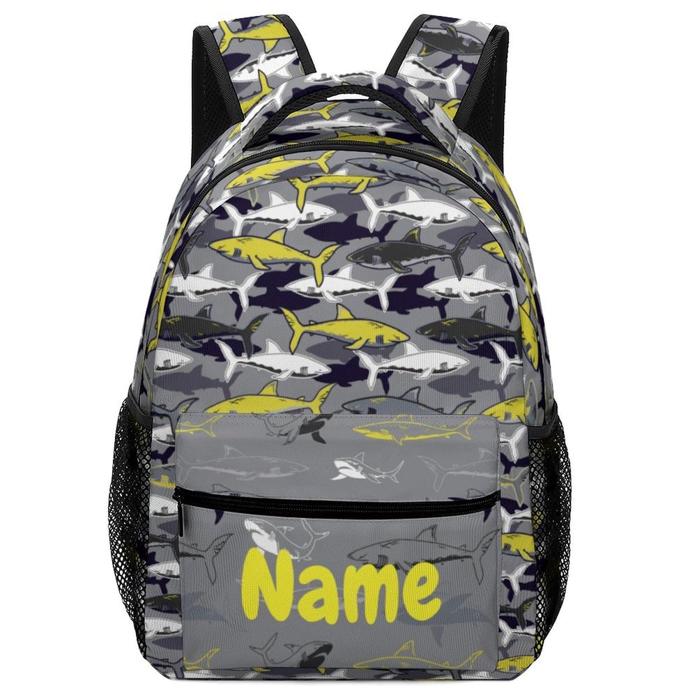Fovanxixi Custom Grey Yellow Shark Backpack for Kids Boys Girls Personalized Name Text Children Backpack School Bag Customized Daypack Schoolbag for Student Bookbag