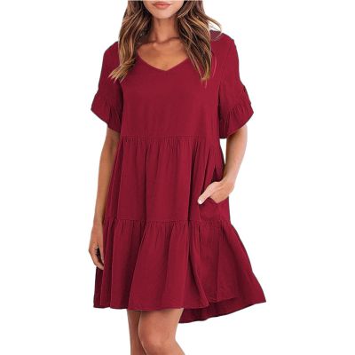 Women's 2023 Summer Dresses Casual V Neck Tiered Ruffle Hem Babydoll Dress Short Sleeve Pocket A-Line Flowy Mini Beach Dress