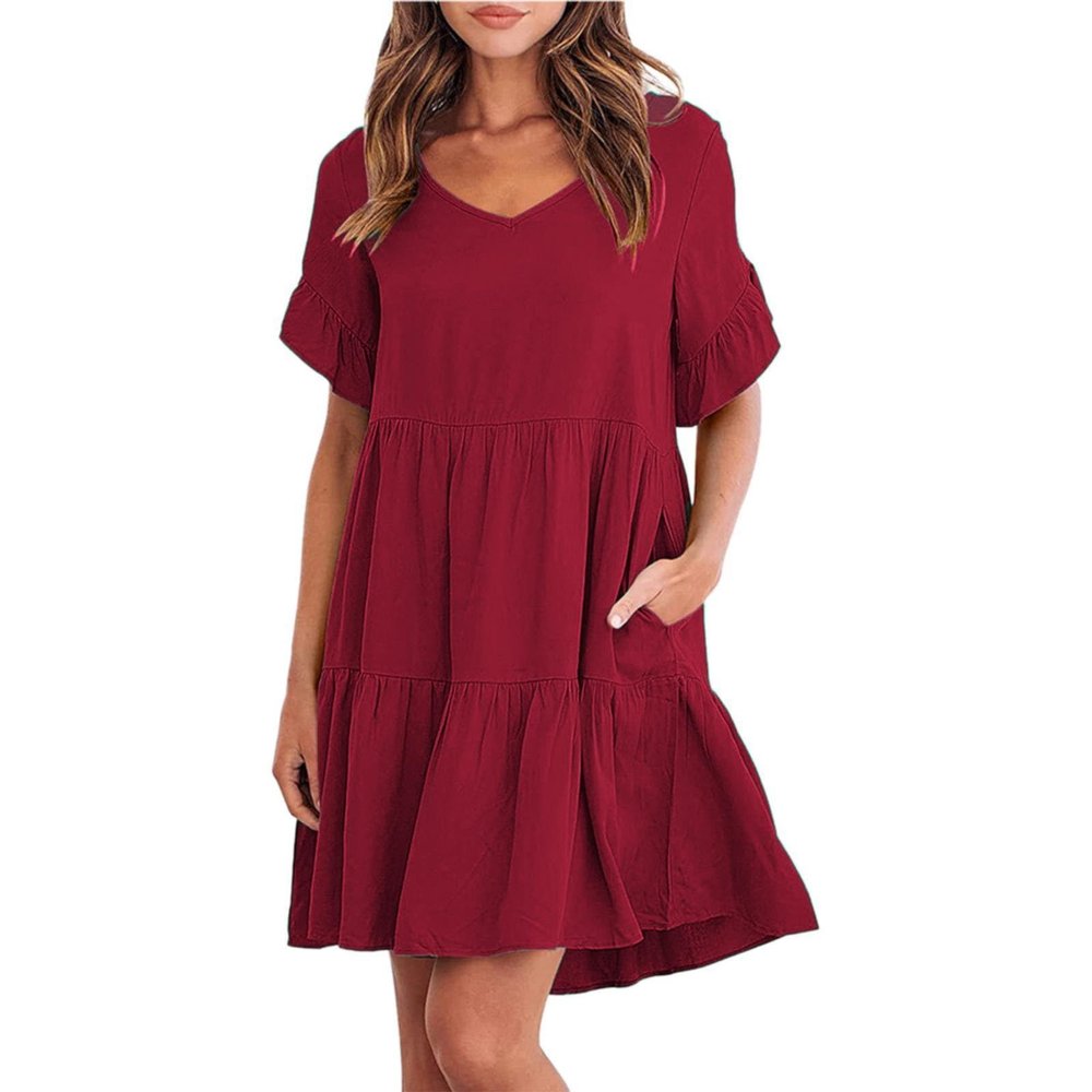 Women's 2023 Summer Dresses Casual V Neck Tiered Ruffle Hem Babydoll Dress Short Sleeve Pocket A-Line Flowy Mini Beach Dress