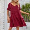 Women's 2023 Summer Dresses Casual V Neck Tiered Ruffle Hem Babydoll Dress Short Sleeve Pocket A-Line Flowy Mini Beach Dress view 4