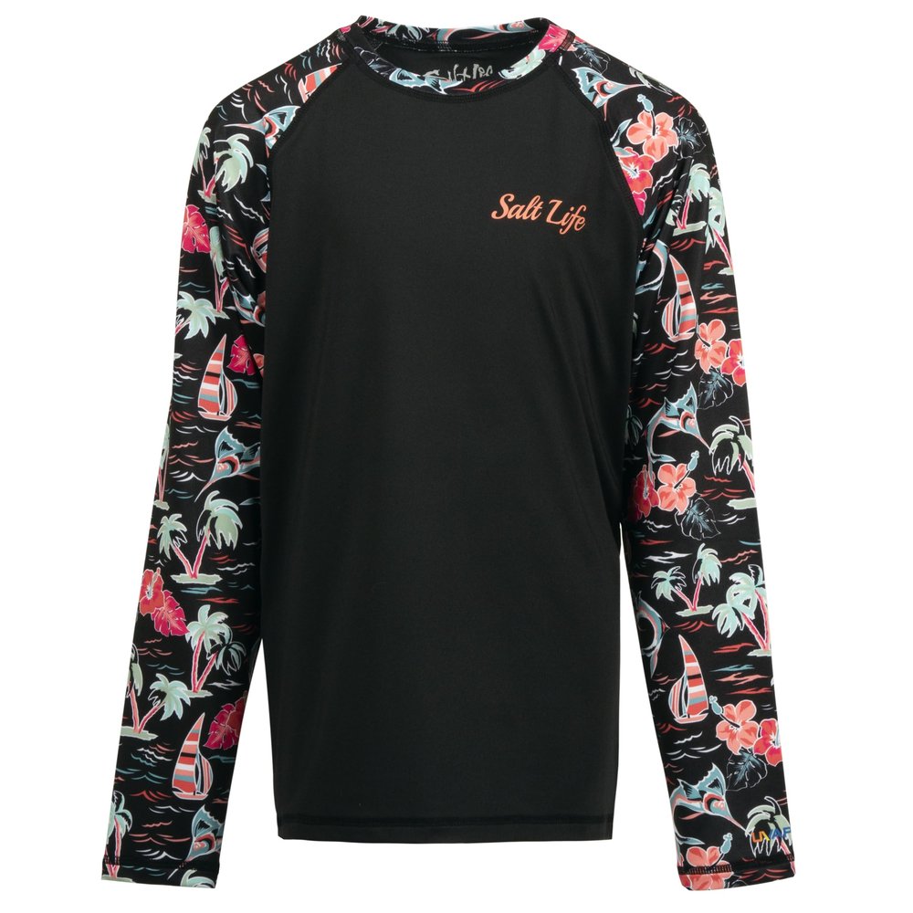 Salt Life Ocean Drift Youth Long Sleeve Performance Tee, Black, Large
