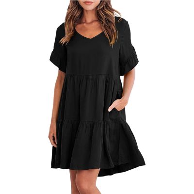 Women's 2023 Summer Dresses Casual V Neck Tiered Ruffle Hem Babydoll Dress Short Sleeve Pocket A-Line Flowy Mini Beach Dress Black