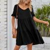 Women's 2023 Summer Dresses Casual V Neck Tiered Ruffle Hem Babydoll Dress Short Sleeve Pocket A-Line Flowy Mini Beach Dress Black view 4