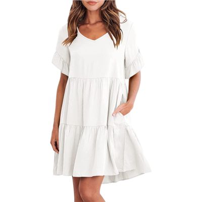 Women's 2023 Summer Dresses Casual V Neck Tiered Ruffle Hem Babydoll Dress Short Sleeve Pocket A-Line Flowy Mini Beach Dress White