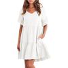 Women's 2023 Summer Dresses Casual V Neck Tiered Ruffle Hem Babydoll Dress Short Sleeve Pocket A-Line Flowy Mini Beach Dress White view 1