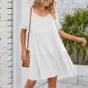 Women's 2023 Summer Dresses Casual V Neck Tiered Ruffle Hem Babydoll Dress Short Sleeve Pocket A-Line Flowy Mini Beach Dress White view 4