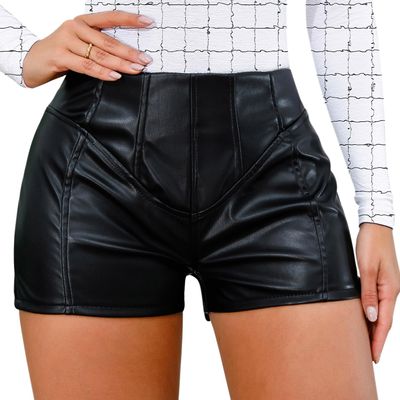 MOSISON Womens Casual Faux Leather Hot Pants High Waist Stretchy Shorts(02#Black,S)