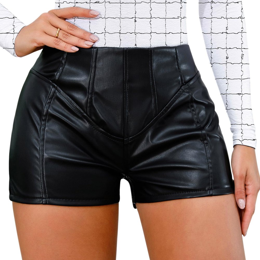 MOSISON Womens Casual Faux Leather Hot Pants High Waist Stretchy Shorts(02#Black,S)