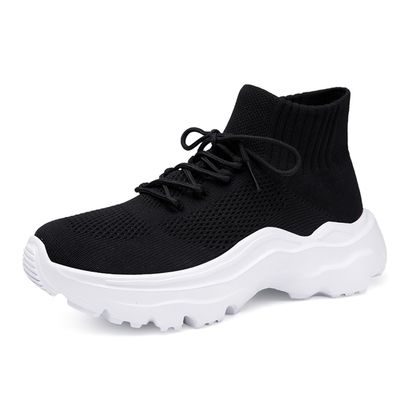 LLTMALL Women's Men's Chunky Sock Sneakers Lace up High Top Lightweight Mesh Running Shoes Black White 13