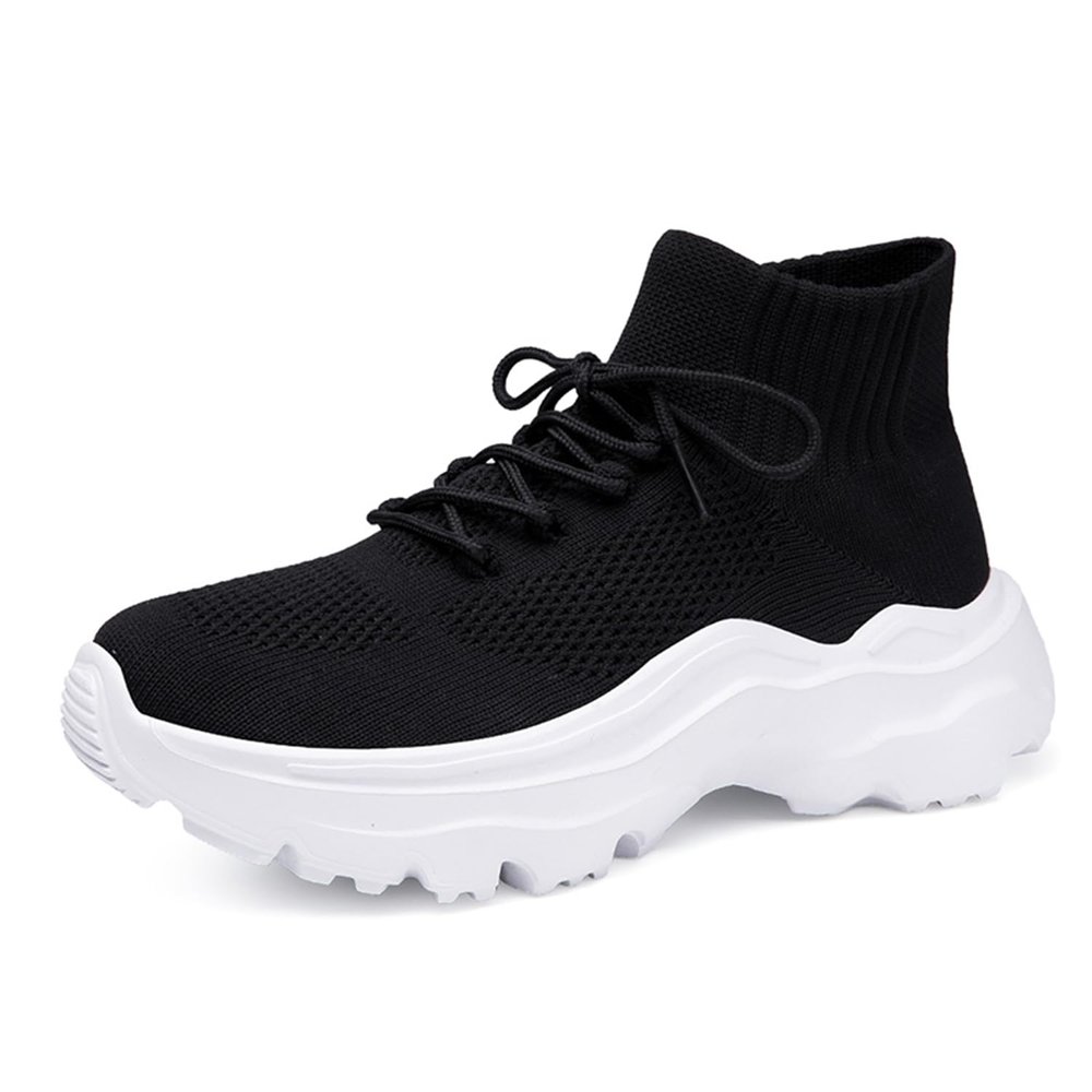 LLTMALL Women's Men's Chunky Sock Sneakers Lace up High Top Lightweight Mesh Running Shoes Black White 13
