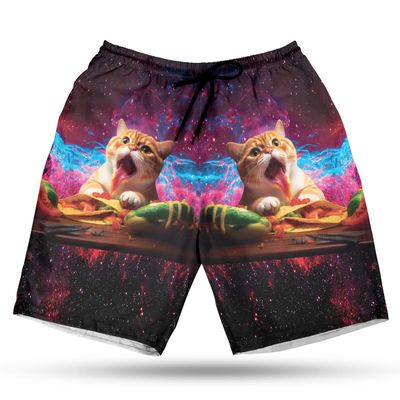 Hungy Cat Men's Swim Trunks - Love Eating Hawaiian Shorts for Men, Men's Summer Bathing Shorts Set 34 Size Size 2XL