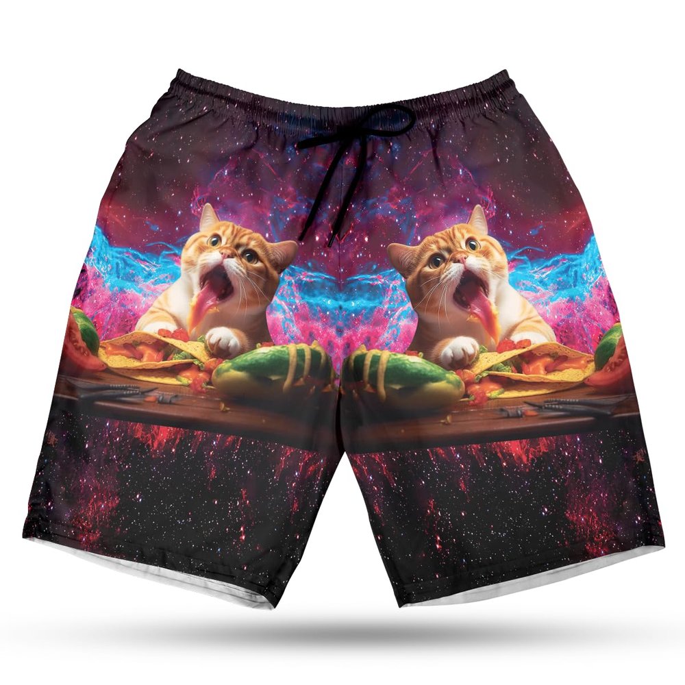 Hungy Cat Men's Swim Trunks - Love Eating Hawaiian Shorts for Men, Men's Summer Bathing Shorts Set 34 Size Size 2XL