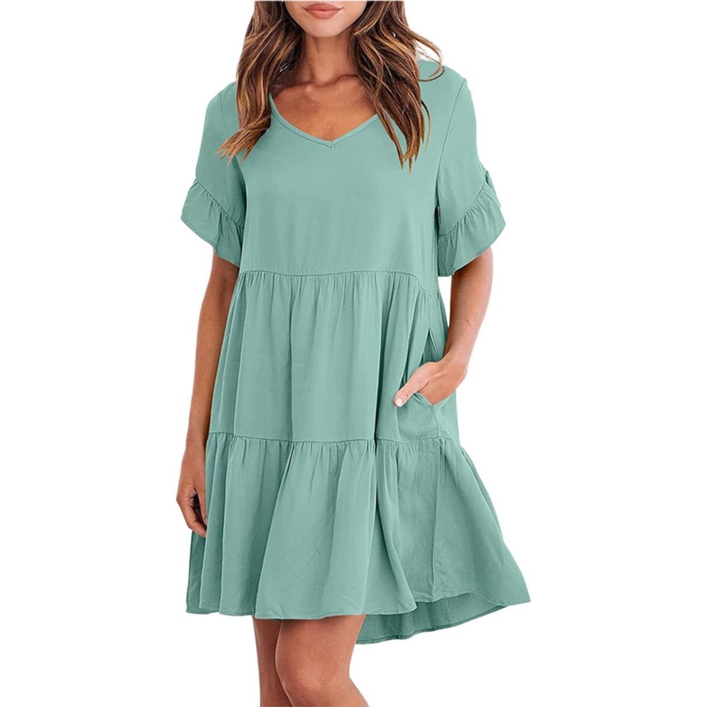 Women's 2023 Summer Dresses Casual V Neck Tiered Ruffle Hem Babydoll Dress Short Sleeve Pocket A-Line Flowy Mini Beach Dress Mint Green