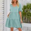 Women's 2023 Summer Dresses Casual V Neck Tiered Ruffle Hem Babydoll Dress Short Sleeve Pocket A-Line Flowy Mini Beach Dress Mint Green view 4