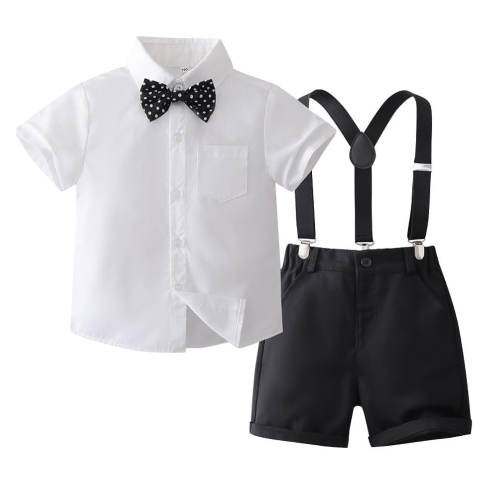 Baptism Outfits for Boys: Toddler Baby Wedding Christening Outfit Dress Clothes Easter Bowtie Shirt Suspenders Shorts Set Infant 1st Birthday Kids Formal Gentleman Suit White + Black Dots 5-6X