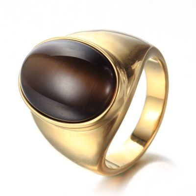 Ring Gold Engagement, Mens Wedding Band Titanium Brown Cat Eye Stone Ring Size 7 Cool Vintage Jewelry Gift for Promise