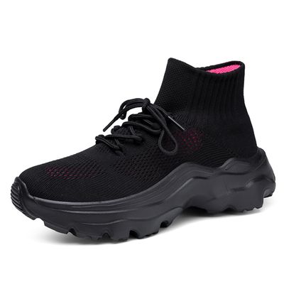 LLTMALL Women's Men's Chunky Sock Sneakers Lace up High Top Lightweight Mesh Running Shoes Black Red 10.5