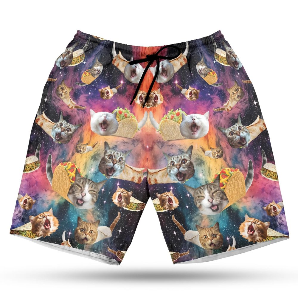Funny Cat Men's Swim Trunks - Galaxy Space Hawaiian Shorts for Men, Men's Summer Bathing Shorts Set 34 Size Size 4XL