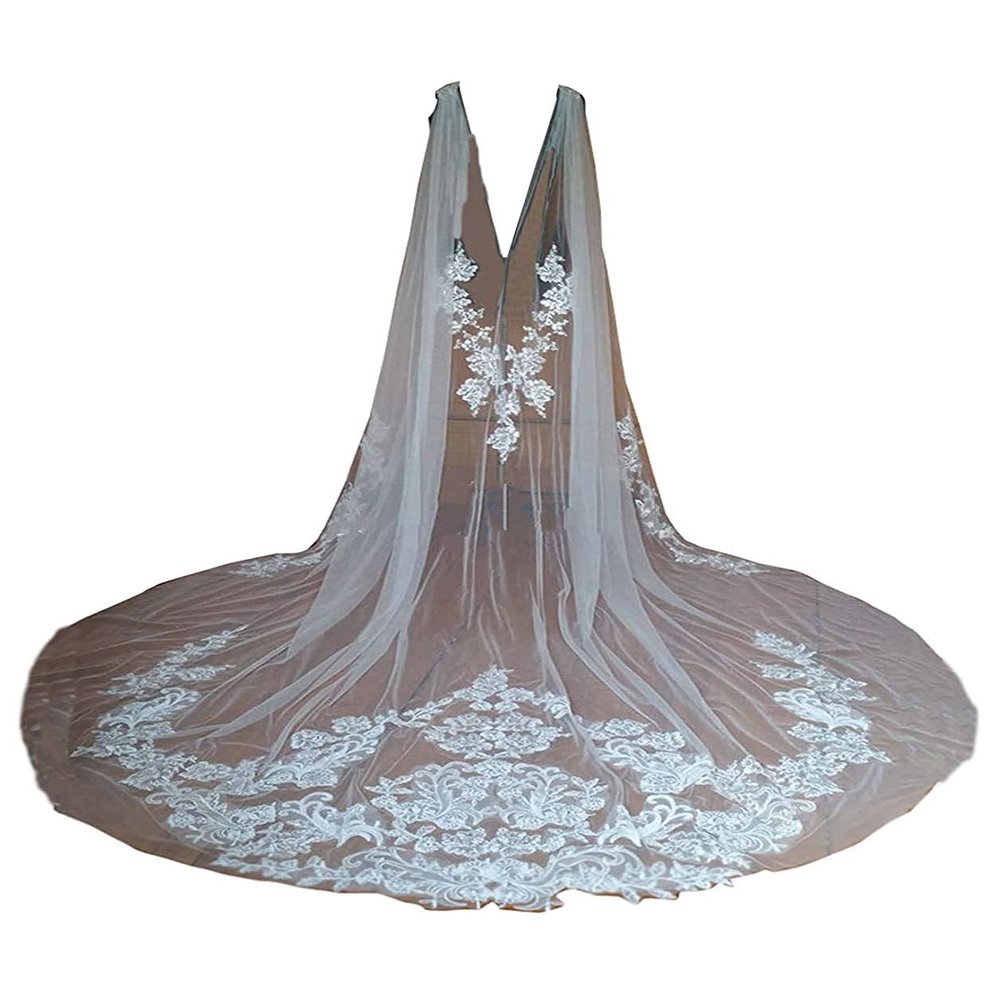 AiberLisha Long Wedding Cape Lace Applique Wedding Veil Cloak For Bride White 3 M