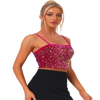 Allegra K Sequined Cami Top for Women's Velvet Spaghetti Strap Club Party Crop Tank Tops X-Small Hot Pink