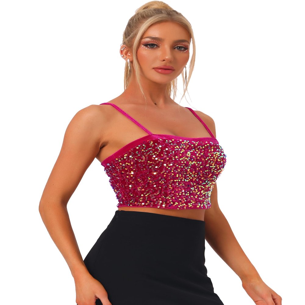 Allegra K Sequined Cami Top for Women's Velvet Spaghetti Strap Club Party Crop Tank Tops X-Small Hot Pink