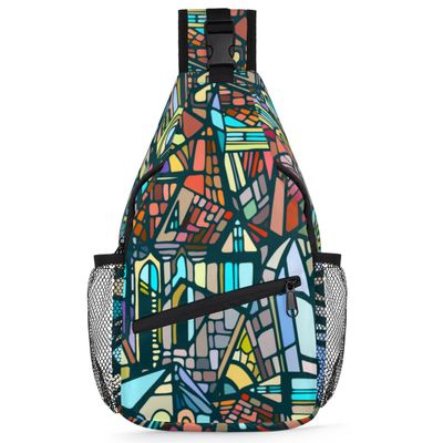 bisibuy Abstract Gothic City Stained Glass Texture Sling Bag for Women Men Crossbody Sling Backpack Shoulder Bag Chest Bag Daypack for Travel Hiking Outdoor