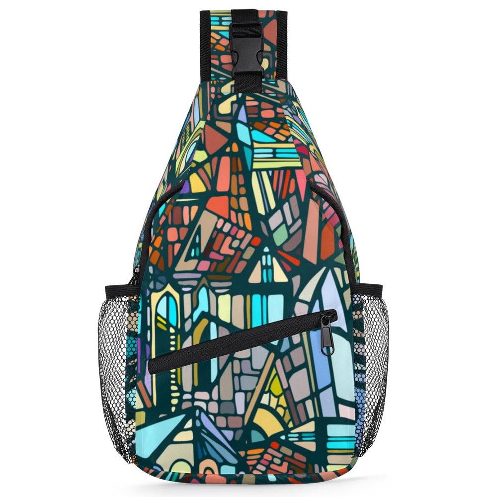 bisibuy Abstract Gothic City Stained Glass Texture Sling Bag for Women Men Crossbody Sling Backpack Shoulder Bag Chest Bag Daypack for Travel Hiking Outdoor