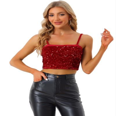 Allegra K Sequined Cami Top for Women's Velvet Spaghetti Strap Club Party Crop Tank Tops Large Red