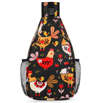 bisibuy Hens And Chickens Black Background Sling Bag for Women Men Crossbody Sling Backpack Shoulder Bag Chest Bag Daypack for Travel Hiking Outdoor